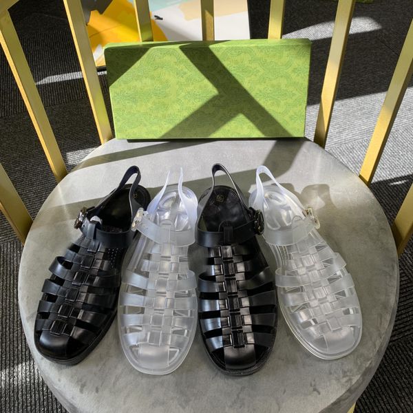 

women slippers fashion transparent rubber sandals men women roman shoes flat crystal buckle outdoor beach size 36-45, Black