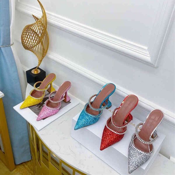 

sandals summer leather sequin high-heeled sandals with a flat toe band women's slippers, Black