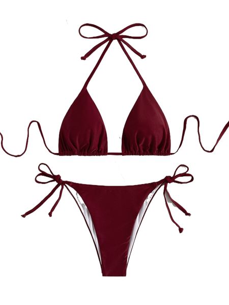 

solid triangle tie side bikini swimsuit y0dn#, White;black