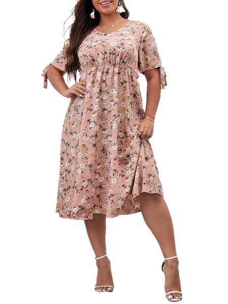 

plus floral print knot cuff a-line dress r8cw#, Black