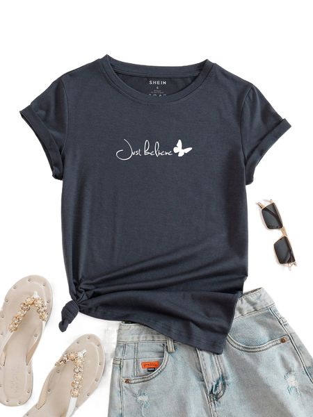 

slogan & butterfly print tee y578#, White