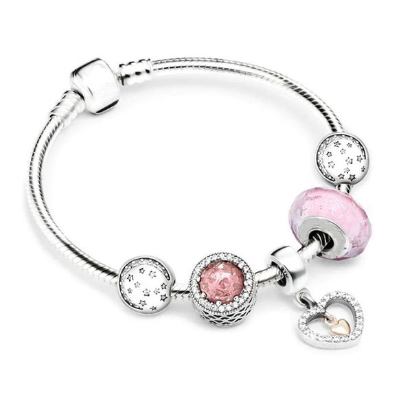 Herzförmiges, passendes Original-Luxusarmband-Set aus 925er Sterlingsilber von Pandora, perlmuttfarbener Mädchen-Armbandanhänger, modischer Schmuck zum Selbermachen, Geschenkbox für Damen, 16–21 cm