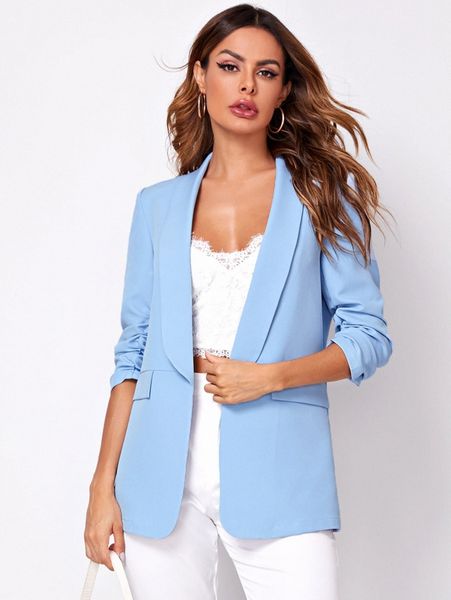 

shawl collar gathered sleeve flap detail blazer m1di#, White