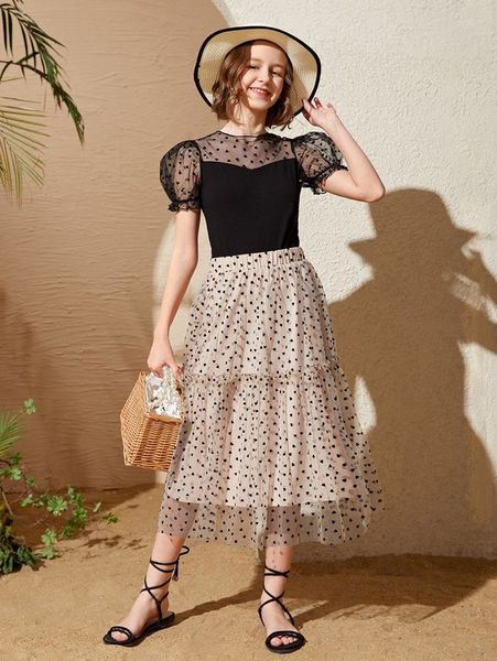 

teen girls allover heart pattern sheer mesh yoke & skirt set she, White