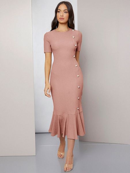 

pearl button detail mermaid hem dress p8le#, Black;gray