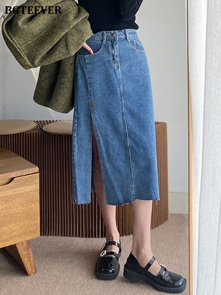 

spring summer chic loose female denim long skirts high waist pockets women split jeans skirts ladies straight skirts, Black