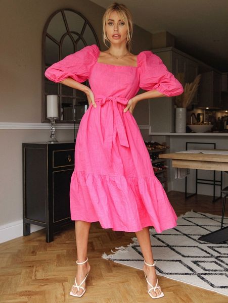 

square neck puff sleeve belted dress v2zw#, Black;gray