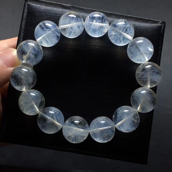 

16mm natural blue feather needle rutilated quartz crystal bracelet clear round beads pyramid women men stretch aaaaaa, Silver