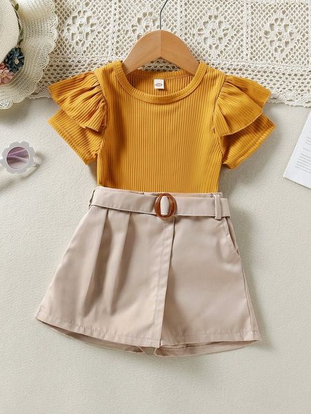 

toddler girls ruffle trim tee & belted skort she02, White