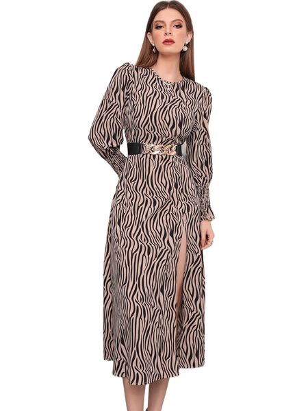 

zebra stripe shirred cuff split thigh dress without belt m6gn#, Black;gray