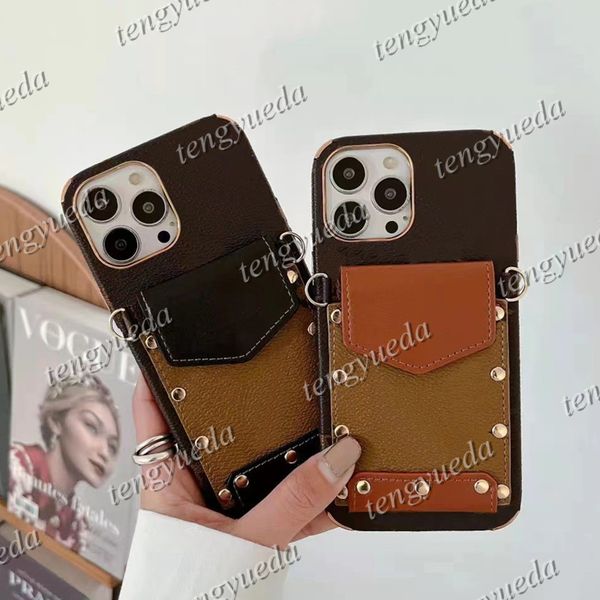 

Fashion Designer Phone Cases for iPhone 15 15pro 14 14pro 14plus 13 13pro iphone12 12pro iphone11 pro max Leather Card Holder Luxury Cellphone Cover with Lanyard, L1-brown