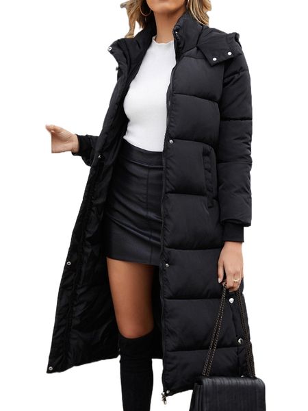 

button hem hooded puffer coat u3kf#, Black