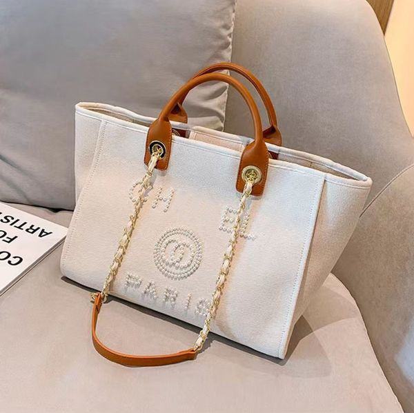 

designer luxury classic beach bags tote label pearl evening bag portable large capacity female fashion canvas handbag brand ch women handbag