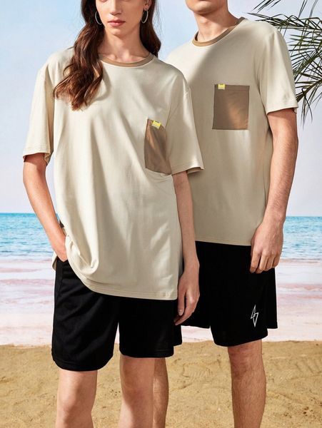 

1pc contrast trim patched pocket tee i1m5#, White;black