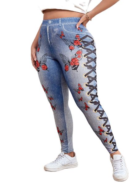 

plus floral & butterfly print leggings f6mm#, Black