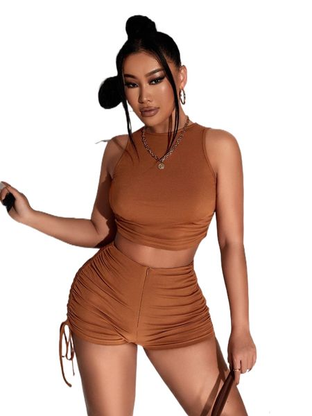 

solid crop tank & side drawstring shorts i2j3#, White