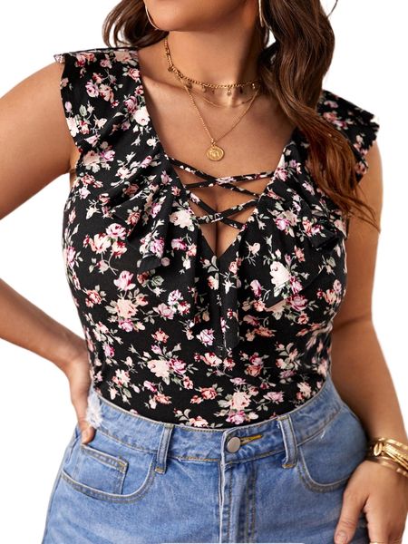 

plus floral print criss cross ruffle trim tank l1wv#, Black