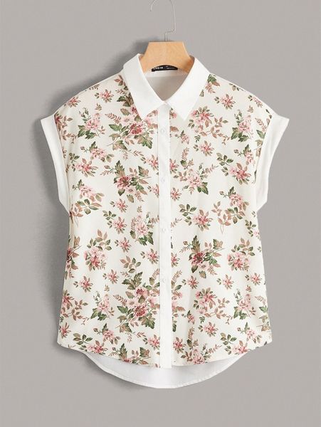 

floral print button front blouse z9n7#, White