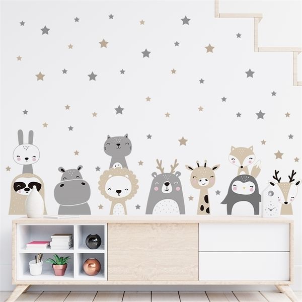 Wandaufkleber mit Cartoon-Motiv, süßer Löwe, Hase, Waldtiere, Sterne, Bär, Hirsch, Wandaufkleber für Kinderzimmer, Babyzimmer, Schlafzimmer, Wandgemälde 220727