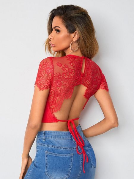 

tied backless lace sleeve rib-knit tee b811#, White