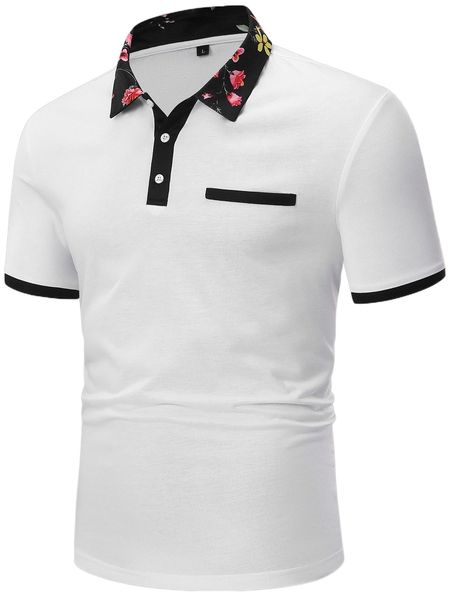 

men floral print contrast trim polo shirt h58z#, White;black