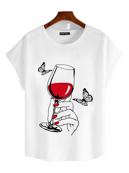 

goblet & butterfly print batwing sleeve tee a4nj#, White