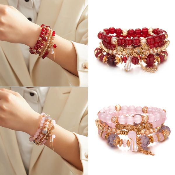 

creative charm beaded crystal bracelet 4 pack multi-layer beaded bohemian style bracelets wholesale, Golden;silver