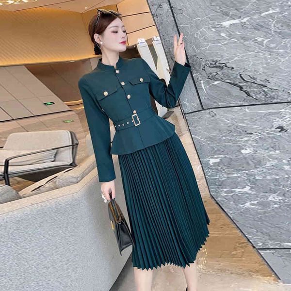 

casual dresses celebrity style autumn skirt small stand collar waist crimp stitching fake two-piece dress with belt, Black;gray