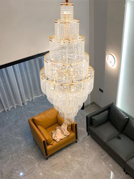 Lâmpadas pendentes projetam grande sala de estar decorativa de teto alto escada de lustre de ouro moderno ChandelierPenda de cristal de qualidade de luxo moderno