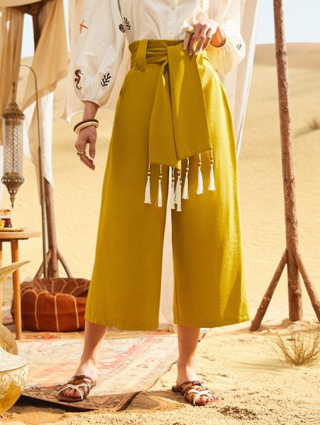 

self belted tassel detail wide leg pants d77d#, Black;white