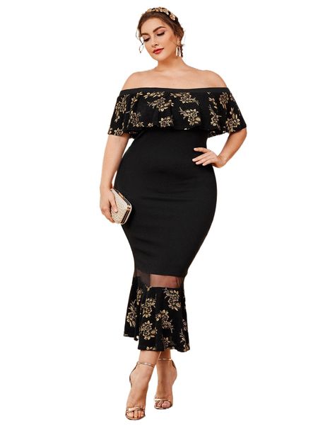 

plus floral print off shoulder mesh panel mermaid hem dress k0zv#, Black