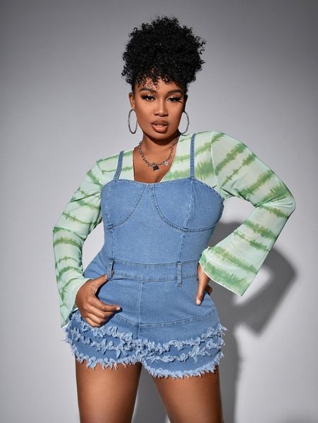 

plus bustier raw trim denim overall romper without tee p3mo#, Black;white