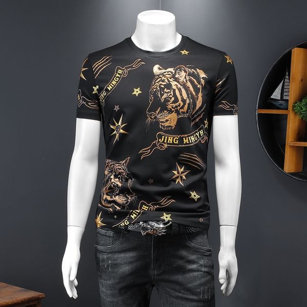 

2022 spring and summer trend fashion personalized printing t-shirt breathable slim round neck cotton thin section short-sleeved men's, White;black