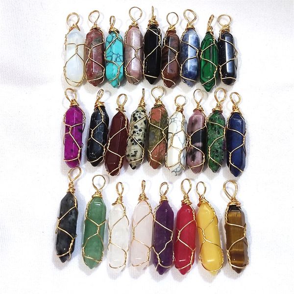 

gold wire wrap natural stone charms rose quartz mixed pillar bullet shape point chakra pendants for jewelry making wholesale handmade craft, Bronze;silver