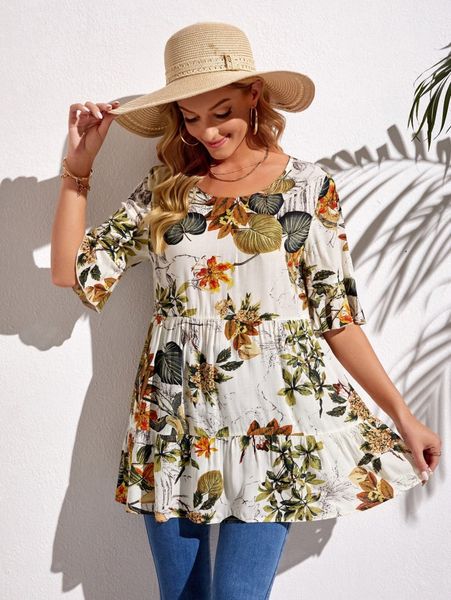 

emery rose floral print ruffle hem blouse 96mm#, White