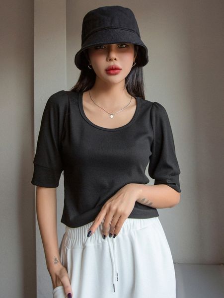 

dazy solid rib knit tee b9hk#, White