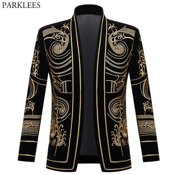 Роскошная барокко золотая цветочная вышивка пиджаки Men Shable Lapel Velvet Cardigan Blazers Мужские свадебные вечеринка выпускной костюм Homme 220504