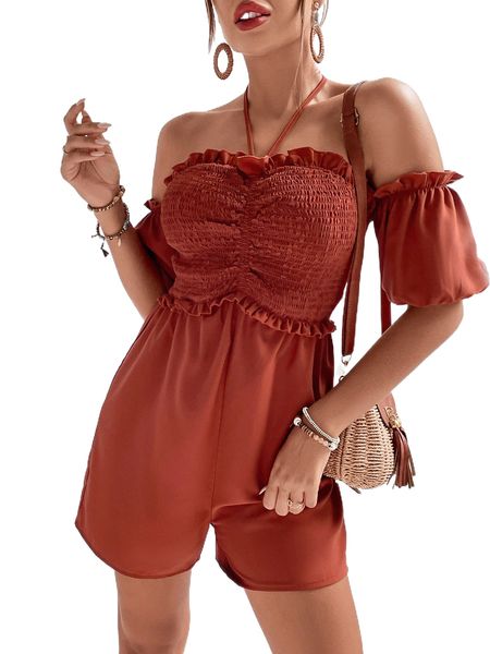 

halter off shoulder shirred frill trim romper u6o9#, Black;white