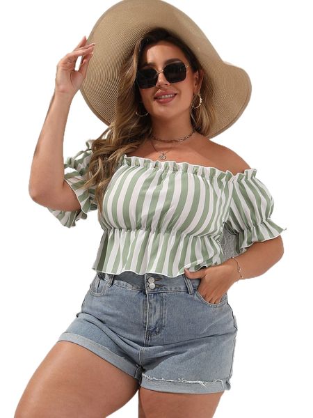 

plus stripe off-shoulder ruffle hem blouse m9hx#, Black