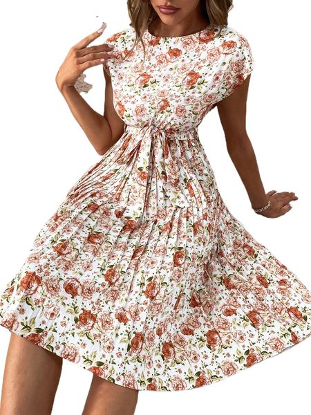 

allover floral print belted pleated hem dress 62h4#, Black;gray