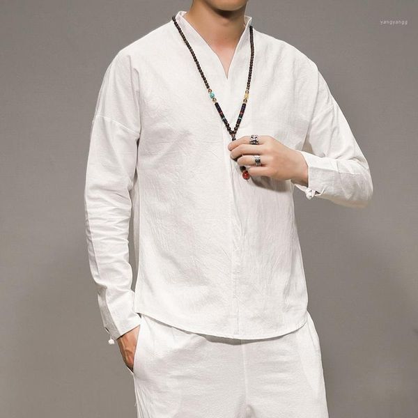 Homens camisetas Estilo chinês HFYF 2022 de mangas compridas T-shirt algodão e linho LED camisa casual masculino respirável oversize