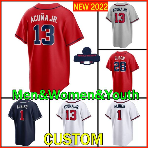 

2022 custom ws gold program 13 ronald acuna jr. jersey 28 matt olson 7 dansby swanson jorge soler deion sanders 27 austin riley 1 ozzie albi, Blue;black
