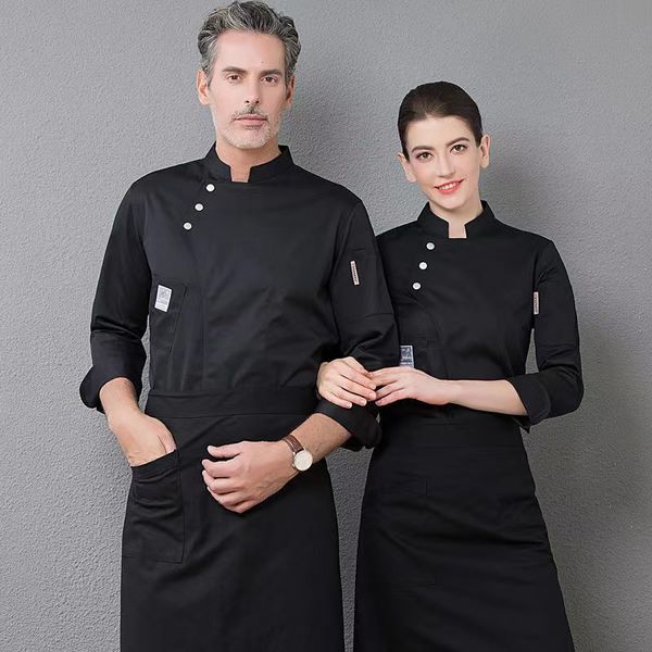 

c3 chef jacket blue uniform long sleeves restaurant uniform coat white pliester apron summer kitchen ladies mens chef shirts, Black;white