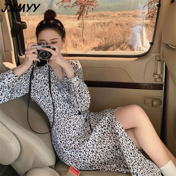 

spring style split v-neck waist slimming casual long skirt age reduction european and american leopard print dress 210412, Black;gray