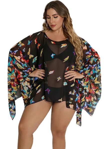 

plus butterfly print dolman sleeve cover up without bikini set m7ij#, Black