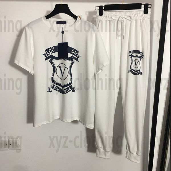 

brand females tracksuits womens two piece suits pants sets t shirts+trousers summer short sleeve t-shirts printing elastic waist leggings p, White