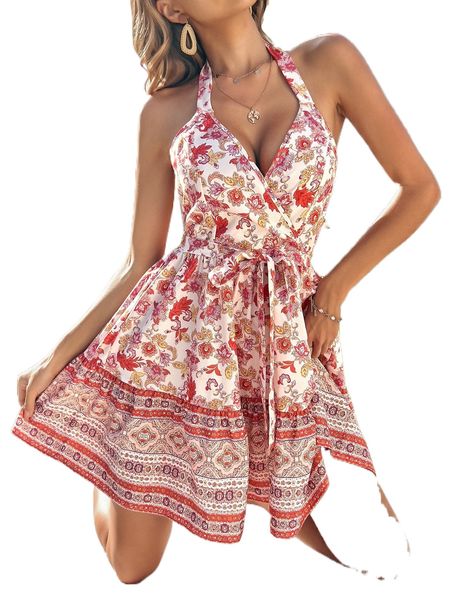 

floral print backless ruffle hem belted halter dress w9ji#, Black;gray