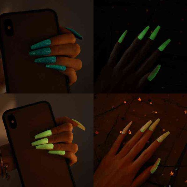 

false nails glow in the dark luminous ballerina long coffin solid color fake press on manicure tool 0616, Red;gold