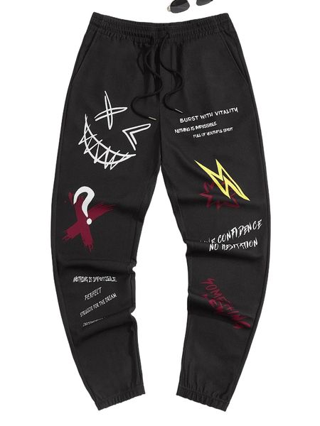 

men cartoon & slogan graphic drawstring waist sweatpants 76yr#, Black