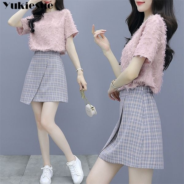 

summer 2 two piece blouse plaid skirt set women clothes ensemble femme sets womens club outfits for women lounge wear crop 210412, Black;gray
